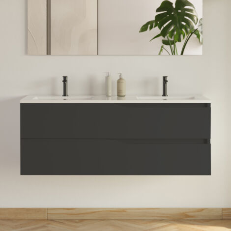 Meuble de salle de bain 120cm avec plan double vasque - 2 tiroirs - sans miroir - noir - LUNA