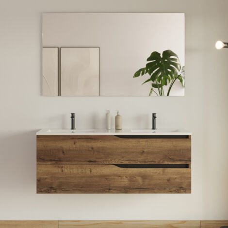 Meuble de salle de bain 120cm avec plan double vasque - 2 tiroirs - tabaco (chêne foncé) - LUNA
