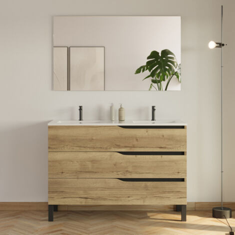 Meuble de salle de bain 120cm avec plan double vasque - 3 tiroirs - madera miel (bois clair) - MATA