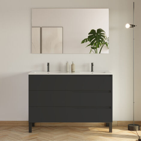 Meuble de salle de bain 120cm avec plan double vasque - 3 tiroirs - noir - MATA