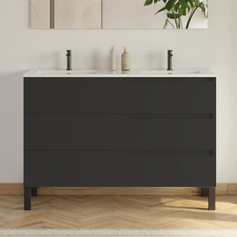 Cosyneo - Meuble de salle de bain 120cm avec plan double vasque - 3 tiroirs - sans miroir - noir - mata