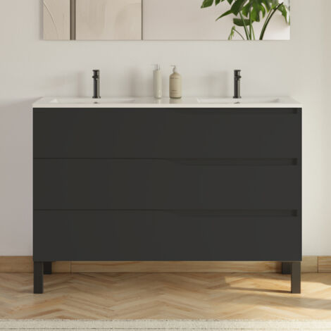 Meuble de salle de bain 120cm avec plan double vasque - 3 tiroirs - sans miroir - noir - MATA