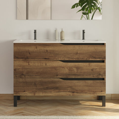 Meuble de salle de bain 120cm avec plan double vasque - 3 tiroirs - sans miroir - tabaco (chêne foncé) - MATA