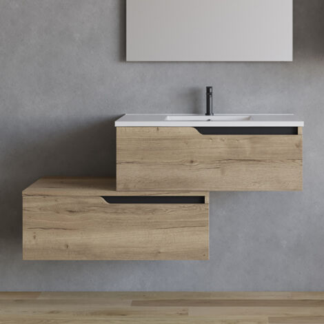 Meuble de salle de bain 120cm avec plan simple vasque - sans miroir - 2 tiroirs - madera miel (chêne clair) - CADIX