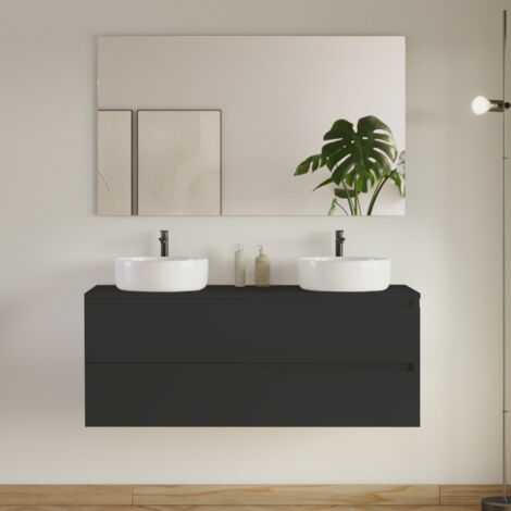 Meuble de salle de bain 120cm avec plateau et 2 vasques à poser Ares - 2 tiroirs - noir - LUNA