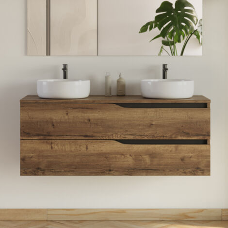 Meuble de salle de bain 120cm avec plateau et 2 vasques à poser Ares - 2 tiroirs - sans miroir - tabaco (chêne foncé) - LUNA