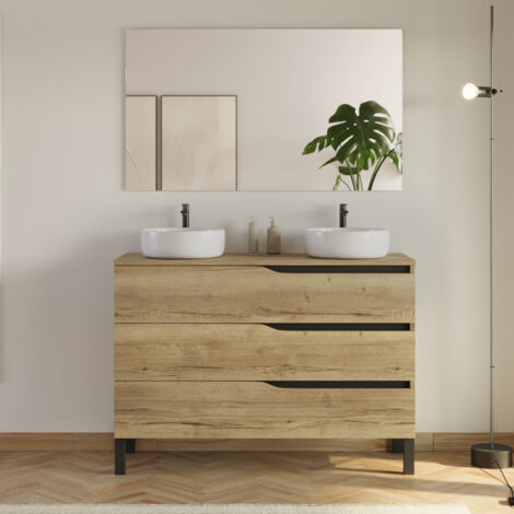 Meuble de salle de bain 120cm avec plateau et 2 vasques à poser Ares - 3 tiroirs - madera miel (bois clair) - MATA