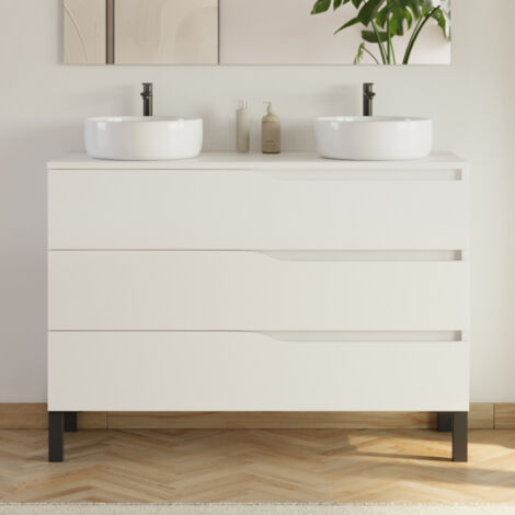 Meuble de salle de bain 120cm avec plateau et 2 vasques à poser Ares - 3 tiroirs - sans miroir - blanc - MATA