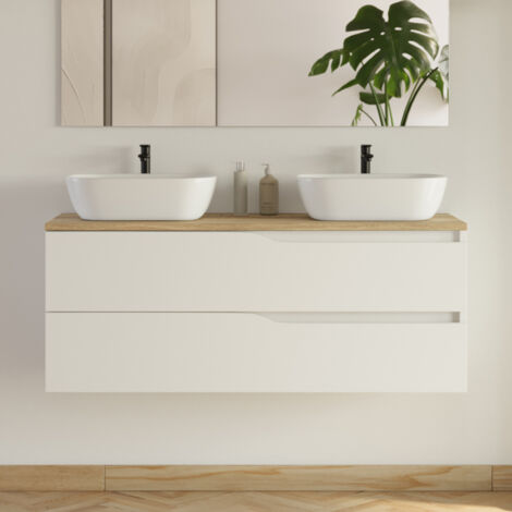 Meuble de salle de bain 120cm avec plateau et 2 vasques à poser Zeus - 2 tiroirs - sans miroir - blanc - LUNA
