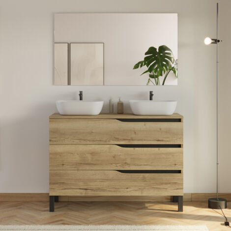Meuble de salle de bain 120cm avec plateau et 2 vasques à poser Zeus - 3 tiroirs - madera miel (bois clair) - MATA