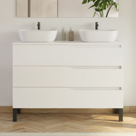 Meuble de salle de bain 120cm avec plateau et 2 vasques à poser Zeus - 3 tiroirs - sans miroir - blanc - MATA