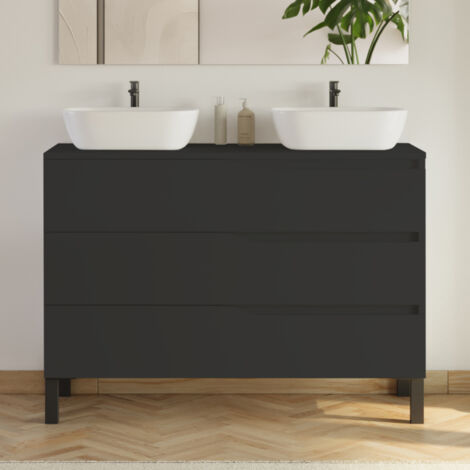 Meuble de salle de bain 120cm avec plateau et 2 vasques à poser Zeus - 3 tiroirs - sans miroir - noir - MATA