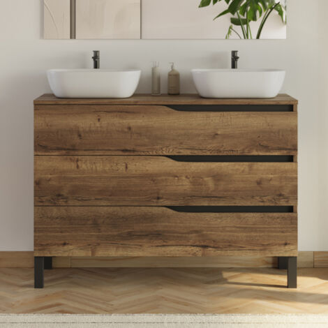 Meuble de salle de bain 120cm avec plateau et 2 vasques à poser Zeus - 3 tiroirs - sans miroir - tabaco (chêne foncé) - MATA