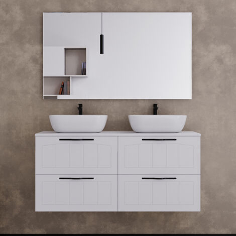 Meuble de salle de bain 120cm avec plateau et deux vasques à poser ovales - 4 tiroirs - blanc - PIA