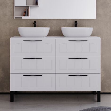 Meuble de salle de bain 120cm avec plateau et deux vasques à poser ovales - 6 tiroirs - sans miroir - blanc - CALA