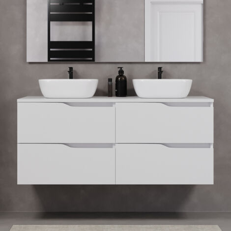 Meuble de salle de bain 120cm avec plateau et deux vasques à poser zeus - 4 tiroirs - sans miroir - blanc - LUNA
