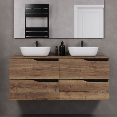 Meuble de salle de bain 120cm avec plateau et deux vasques à poser zeus - 4 tiroirs - sans miroir - tabaco (chêne foncé) - LUNA