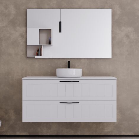 Meuble de salle de bain 120cm avec plateau et une vasque à poser ronde - 2 tiroirs - blanc - PIA