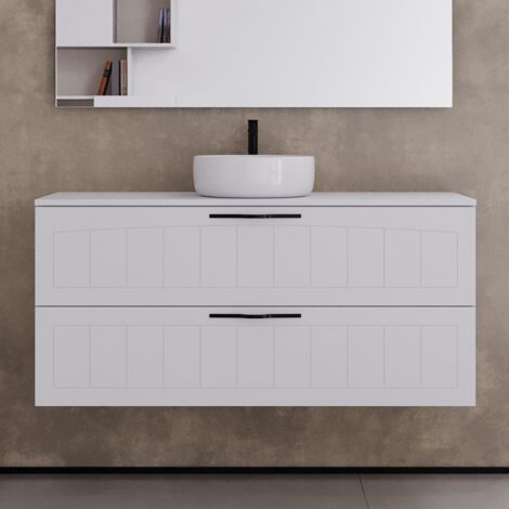 Meuble de salle de bain 120cm avec plateau et une vasque à poser ronde - 2 tiroirs - sans miroir - blanc - PIA