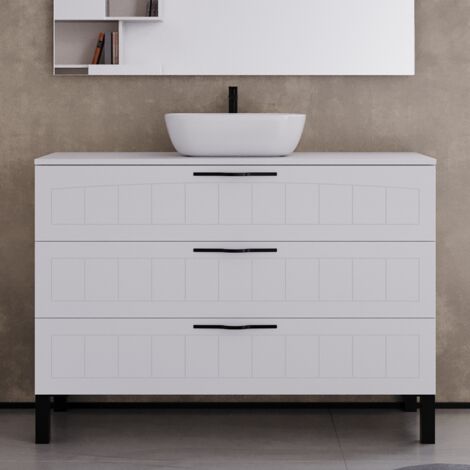 Meuble de salle de bain 120cm avec plateau et vasque à poser ovale - 3 tiroirs - sans miroir - blanc - CALA