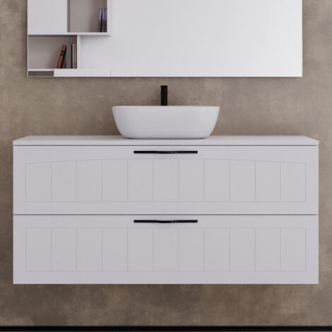 Meuble de salle de bain 120cm avec plateau et vasque à poser ovales  - 2 tiroirs - sans miroir - blanc - PIA