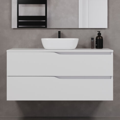 Meuble de salle de bain 120cm avec plateau et vasque à poser zeus - 2 tiroirs - sans miroir - blanc - LUNA