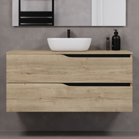 Meuble de salle de bain 120cm avec plateau et vasque à poser zeus - 2 tiroirs - sans miroir - madera miel (chêne clair) - LUNA
