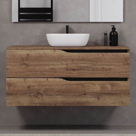 Meuble de salle de bain 120cm avec plateau et vasque à poser zeus - 2 tiroirs - sans miroir - tabaco (chêne foncé) - LUNA
