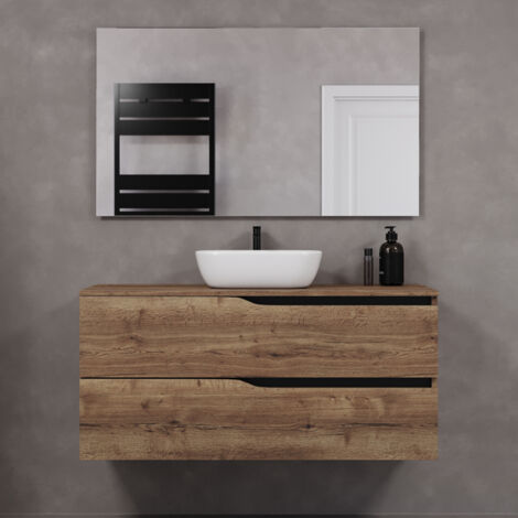 Meuble de salle de bain 120cm avec plateau et vasque à poser zeus - 2 tiroirs - tabaco (chêne foncé) - LUNA