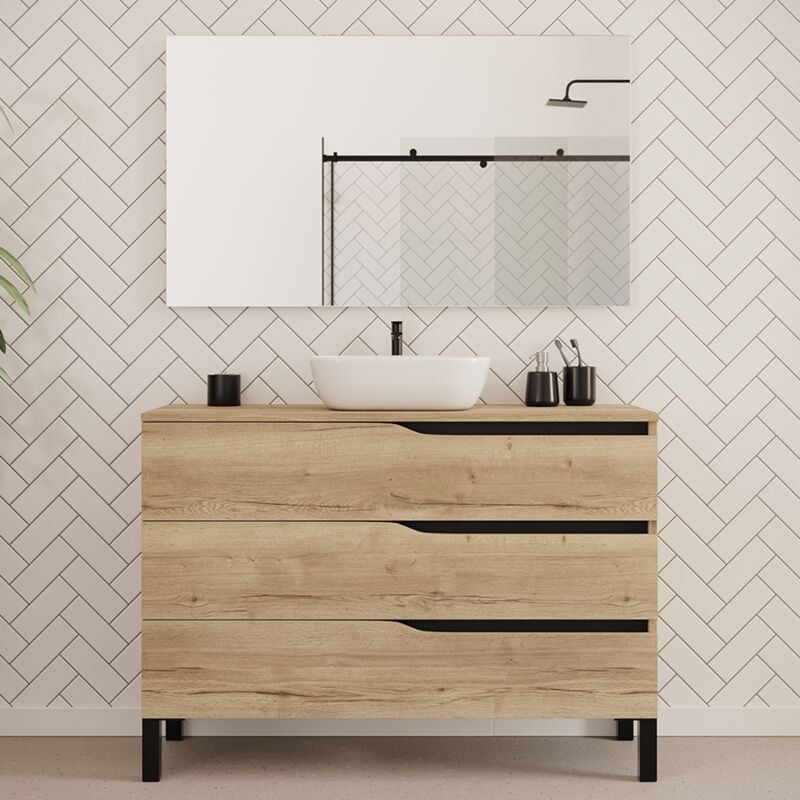 Cosyneo - Meuble de salle de bain 120cm avec plateau et vasque à poser zeus - 3 tiroirs - madera miel (chêne clair) - mata