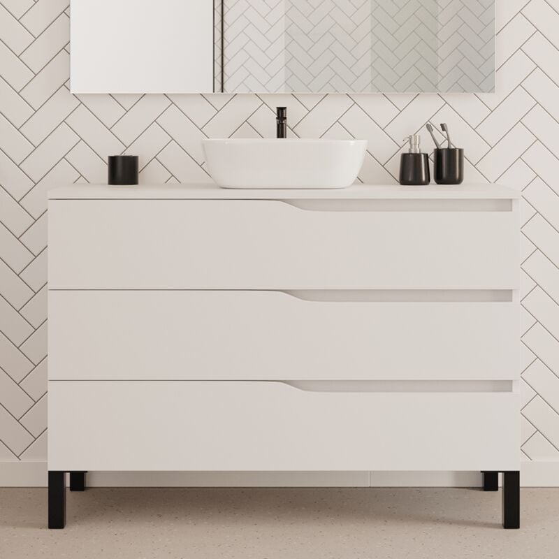 Cosyneo - Meuble de salle de bain 120cm avec plateau et vasque à poser zeus - 3 tiroirs - sans miroir - blanc - mata