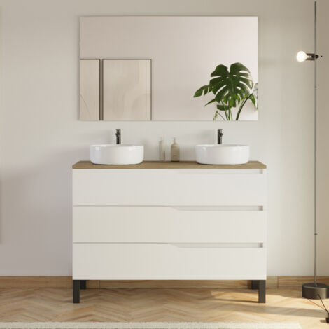Meuble de salle de bain 120cm avec plateau miel et 2 vasques à poser Ares - 3 tiroirs - blanc - MATA