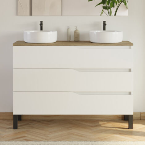 Meuble de salle de bain 120cm avec plateau miel et 2 vasques à poser Ares - 3 tiroirs - sans miroir - blanc - MATA