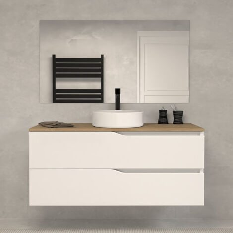 Meuble de salle de bain 120cm avec plateau miel et vasque à poser - 2 tiroirs - blanc - LUNA