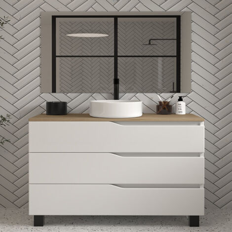 Meuble de salle de bain 120cm avec plateau miel et vasque à poser - 3 tiroirs - blanc - MATA