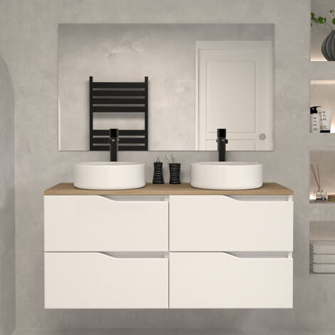 Meuble de salle de bain 120cm avec plateau miel et vasque à poser - 4 tiroirs - blanc - LUNA