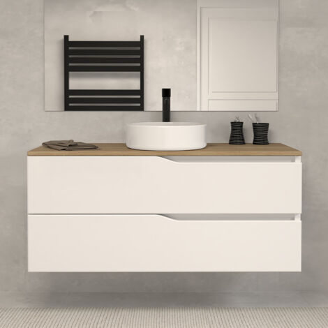 Meuble de salle de bain 120cm avec plateau miel et vasque à poser - sans miroir - 2 tiroirs - blanc - LUNA