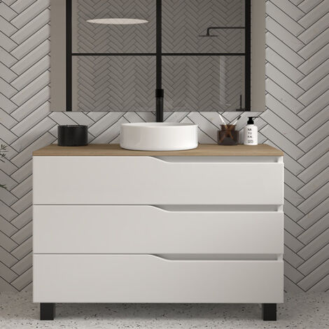Meuble de salle de bain 120cm avec plateau miel et vasque à poser - sans miroir - 3 tiroirs - blanc - MATA
