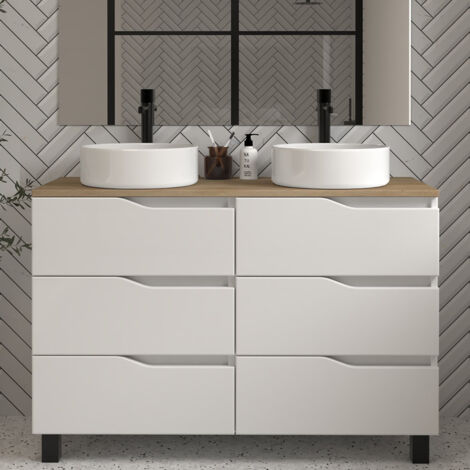 Meuble de salle de bain 120cm avec plateau miel et vasque à poser - sans miroir - 6 tiroirs - blanc - MATA