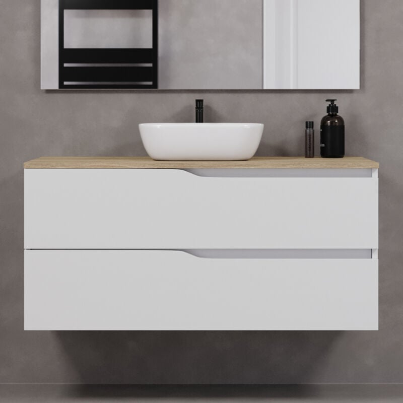 Cosyneo - Meuble de salle de bain 120cm avec plateau miel et vasque à poser zeus - 2 tiroirs - sans miroir - blanc - luna