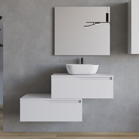 Meuble de salle de bain 120cm avec vasque à poser arrondie - 2 tiroirs - blanc - CADIX