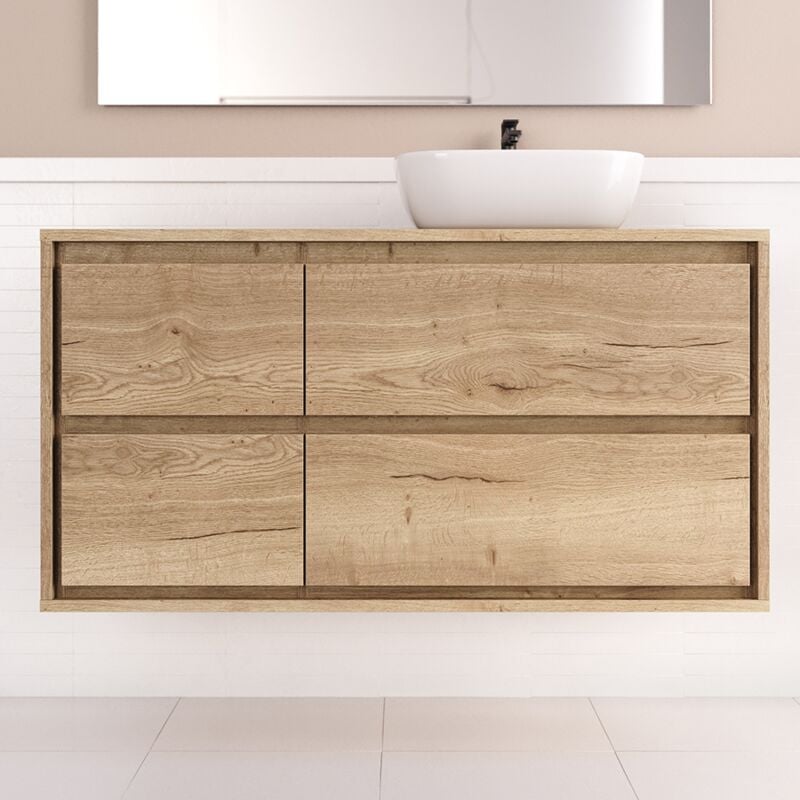 Meuble de salle de bain 120cm avec vasque à poser arrondie - 4 tiroirs - sans miroir - roble sanctuary (chêne clair) - etio