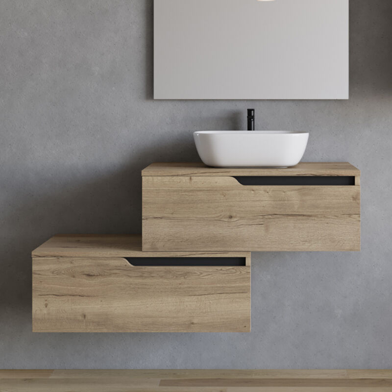 Cosyneo - Meuble de salle de bain 120cm avec vasque à poser arrondie - sans miroir - 2 tiroirs - madera miel (chêne clair) - cadix
