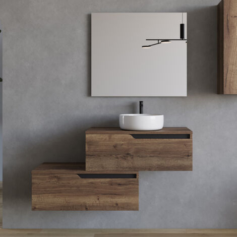 Meuble de salle de bain 120cm avec vasque à poser ronde - 2 tiroirs - tabaco (bois foncé) - CADIX