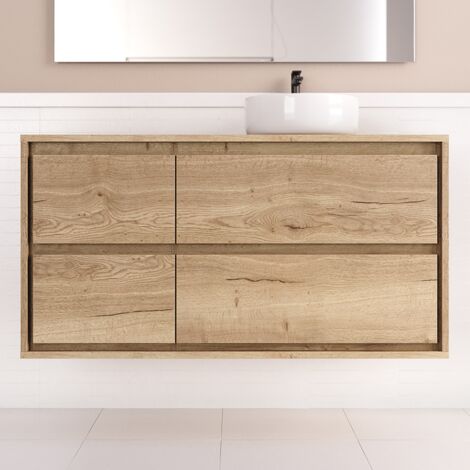 Meuble de salle de bain 120cm avec vasque à poser ronde - 4 tiroirs - sans miroir - roble sanctuary (chêne clair) - ETIO