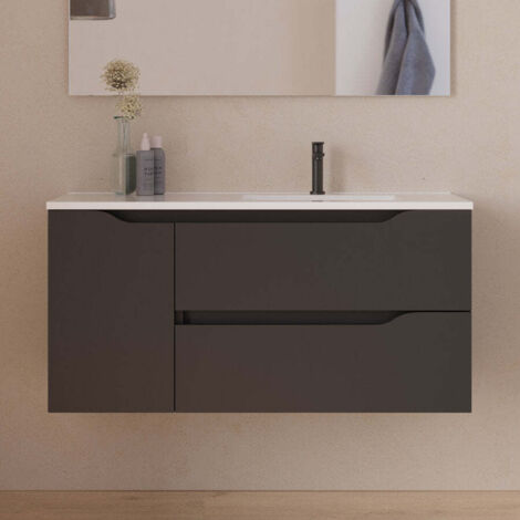 Meuble de salle de bain 120cm avec vasque déportée à droite - sans miroir - 2 tiroirs et un placard - noir - ZARZA