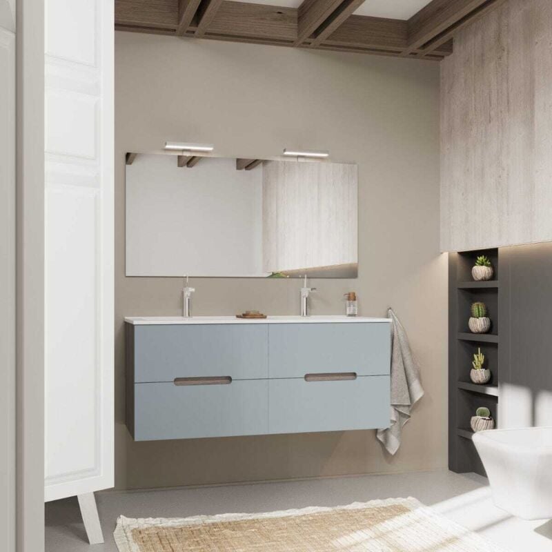 Kiamami Valentina - Meuble De Salle De Bain 120Cm Double Lavabo, Tiroirs Bleu Mat Magnolia