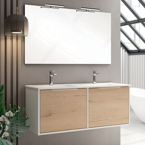 Meuble de salle de bain 120cm double vasque - 2 façades et 4 tiroirs - Blanc/Roble - ALBA