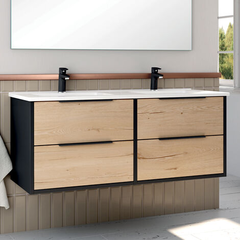 Cosyneo – Meuble de salle de bain suspendu 120cm double vasque – 4 tiroirs avec fermeture douce – Matériaux hydrofuges – Design noir/chêne