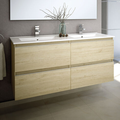 Cosyneo – Meuble de salle de bain 120cm double vasque – 4 tiroirs – sans miroir – bambou chêne clair – hydrofuge – fermeture douce Hettich